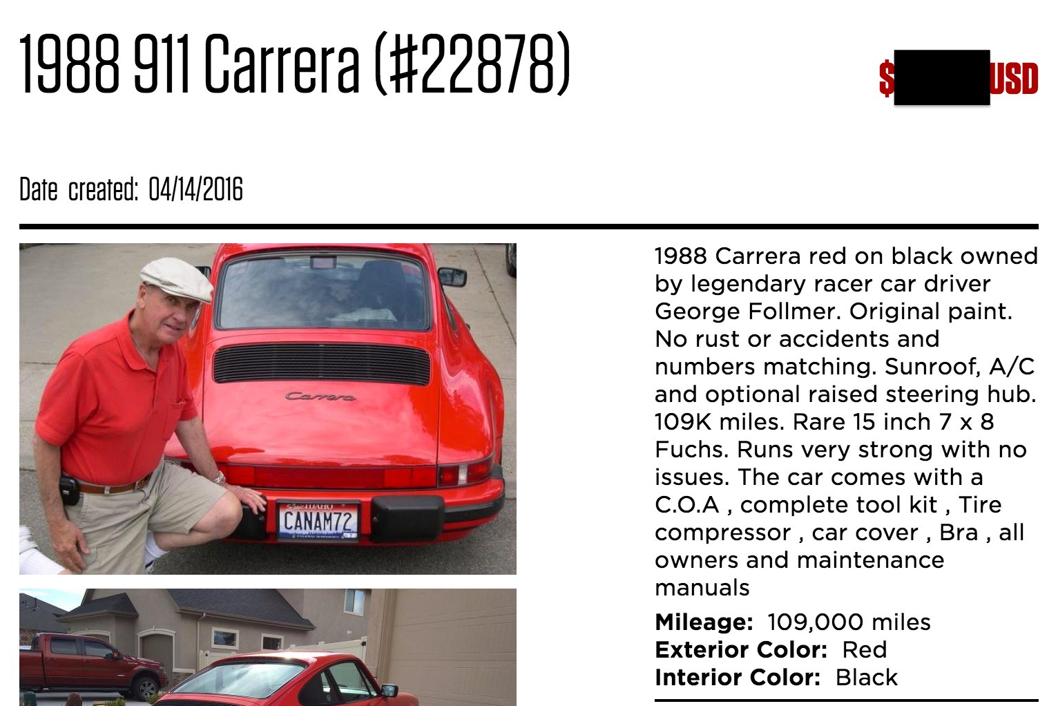 1988 Porsche 911 - George Follmer's personal 911 Carrera (original, COA, #'s matching) - Used - VIN WP0AB0917JS120281 - Wimberley, TX 78676, United States