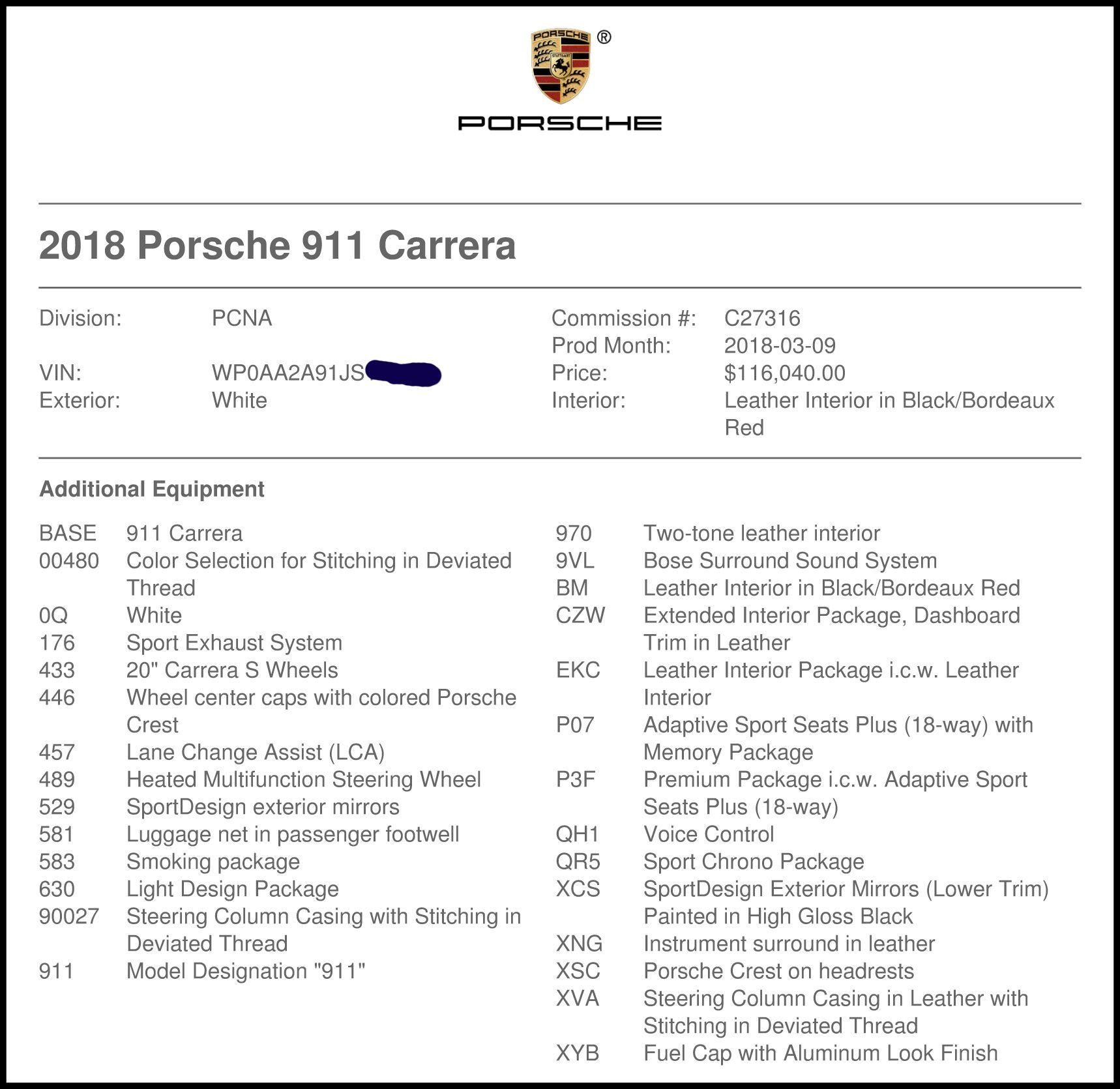 Porsche Build Sheet