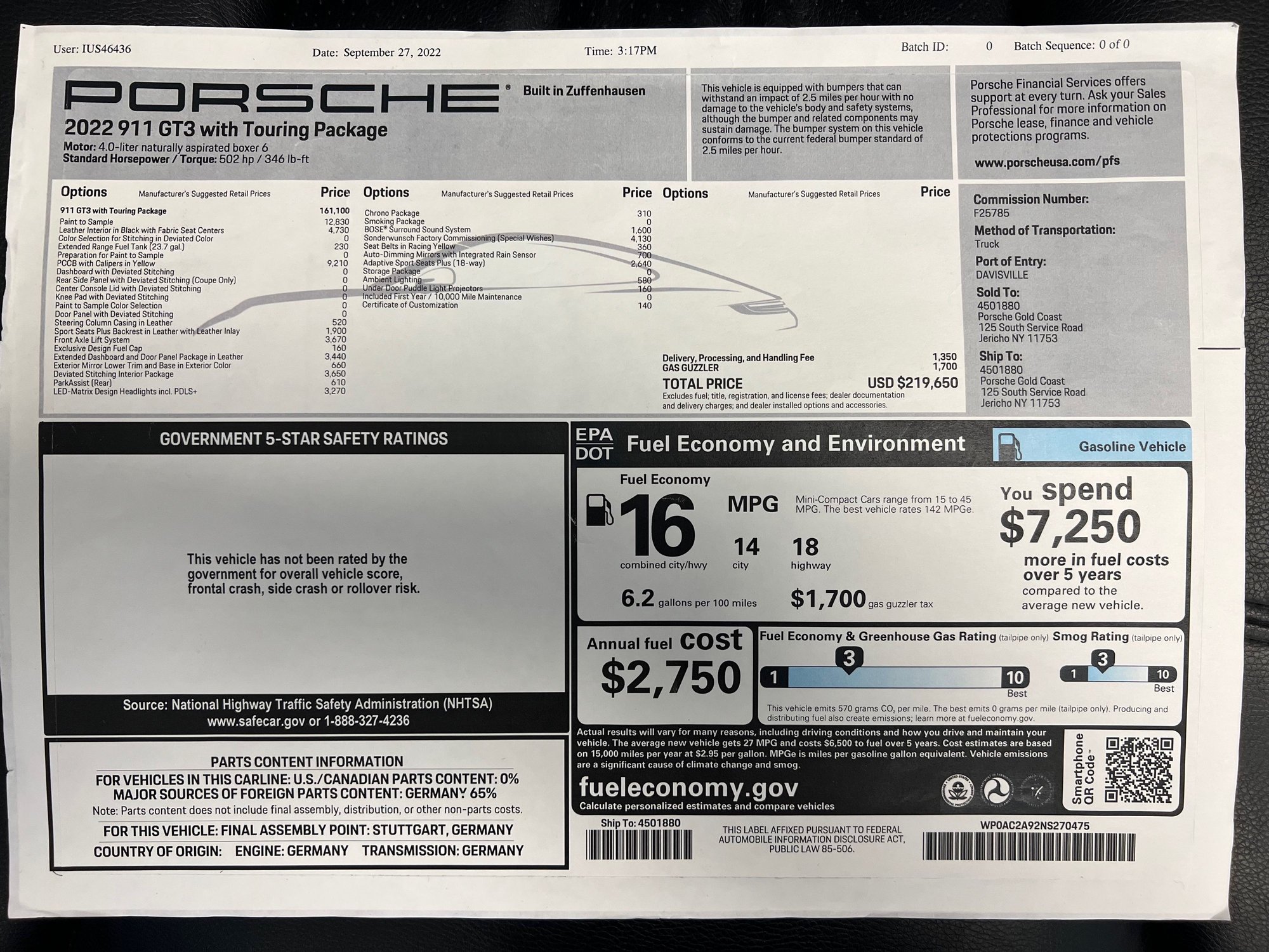 2022 Porsche 911 - 2022 Porsche GT3 Touring- Manual - PTS - Used - VIN WP0AC2A92NS270475 - 135 Miles - 6 cyl - AWD - Manual - Coupe - Other - Boca Raton, FL 33431, United States