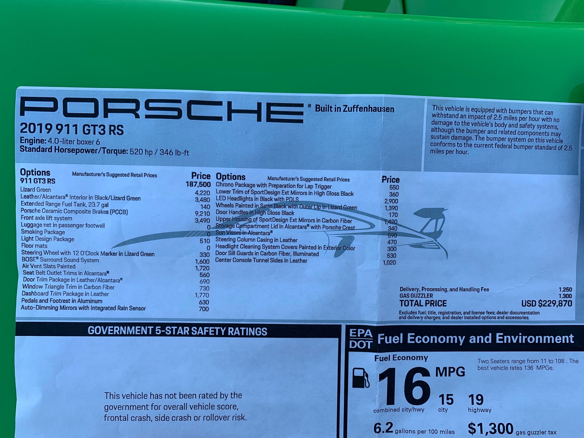 2019 Porsche GT3 - 2019 Lizard Green GT3RS at MSRP 229k - New - VIN wp0af2a93ks1650xx - 14 Miles - 6 cyl - 2WD - Automatic - Coupe - Other - Sf Bay Area, CA 94111, United States