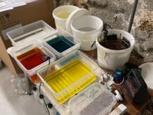 Plating setup. The dark red container is the yellow passivate that makes parts shine like gold.