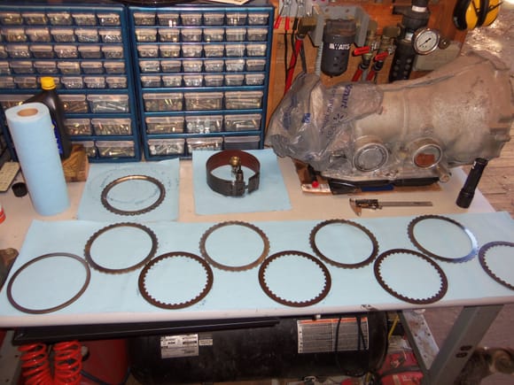 All the B3 clutch plates and steels laid out in the correct order AND orientation. I put the clutch plates and steels back in facing the same way they came out. Meaning the face of each steel and clutch touched the same ones as it came out.