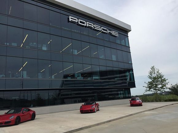 Arriving outside Porsche Headquarters.