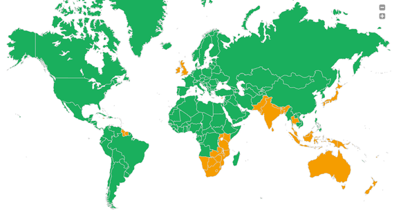 Countries that drive on the left are marked in yellow.