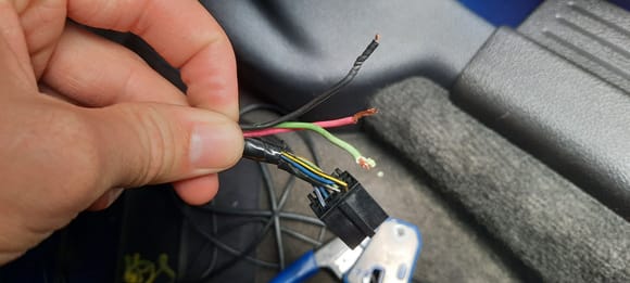 Black, red, and green wires in same wire bundle as the harness. 