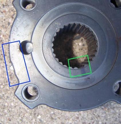 This is the crankshaft timing belt pulley as viewed from the side that faces away from the engine.
Green box points out 'keyway' for double spline on shaft.
The timing mark is the little tab peeking out from the pulley in the middle of the Blue box.