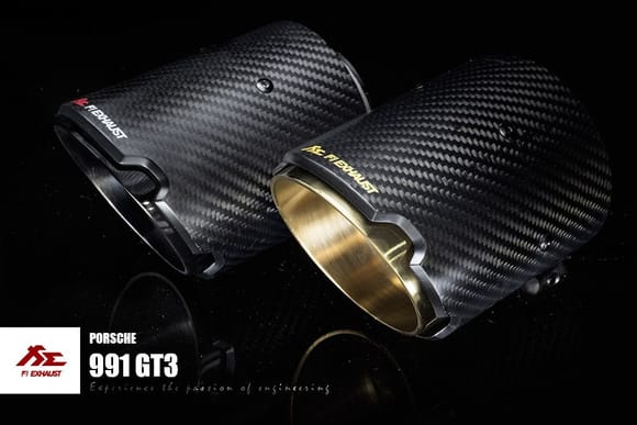 Fi Exhaust for Porsche 991 GT3 – Carbon Fiber Tips. (Gold&Black)