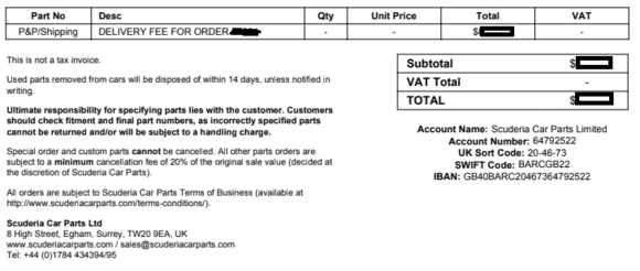 Shipping invoice at 107% part cost - Note the order cancel terms & conditions