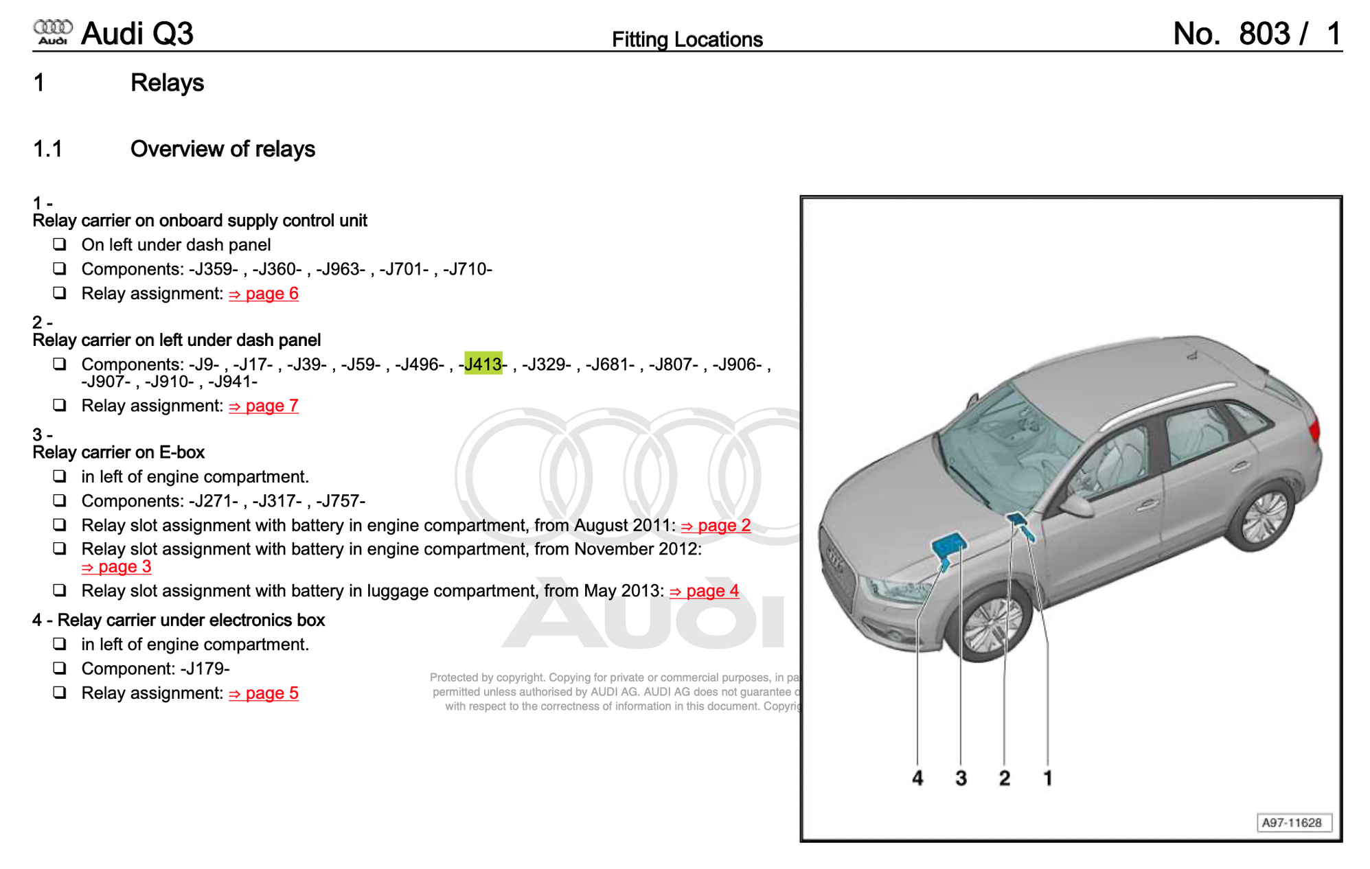 Fuse box diagram Audi Q3 and relay with assignment and location