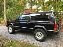 An Black XJ with red pin stripping and 2 Doors