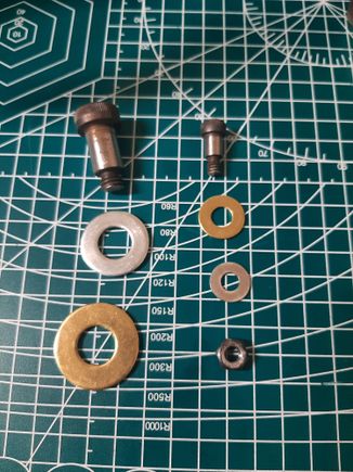Here is the hardware I used. Everything was sourced from ACE Hardware. I will get a full description of the sizes and measurements later. I could have pressed out the bottom of the main pivot point rivet, but I ended up drilling and tapping it; that is why there is only one nut.