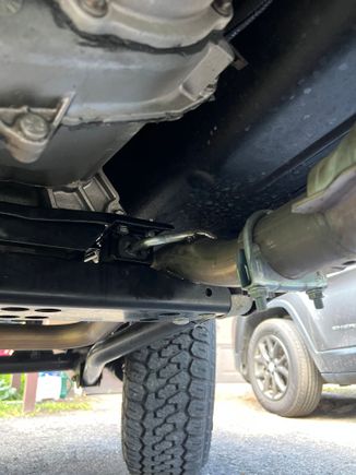 Everything is reinstalled. I am happier with this down pipe than the previous one, but by the time I tweaked it to line everything back up, I ended up with the same issue. The pipe just barely touches on the crossmember. I will leave it like this, though I won’t be surprised if this one fails in a couple years. 