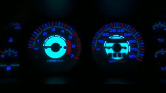 Did a gauge cluster swap and also installed some reverse glow gauges. They're white face during the day, and they glow at night! I can change the backlight color on them too.