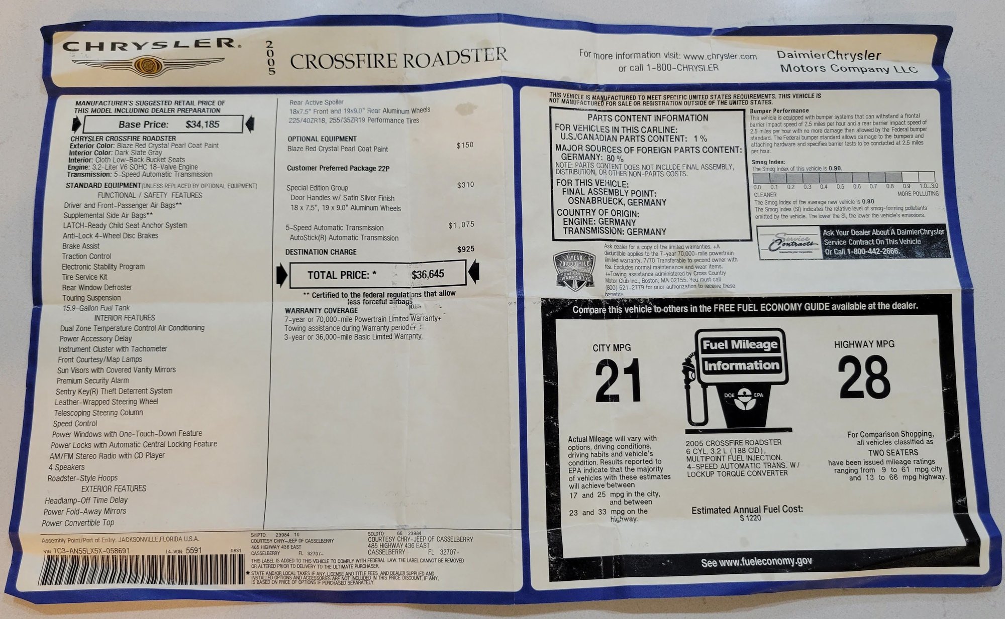 2005 Chrysler Crossfire - Great condition Garage-kept 2005 Crossfire convertible - Used - VIN 1C3AN55LX5X058691 - 59,305 Miles - 6 cyl - 2WD - Automatic - Convertible - Red - Palm Coast, FL 32164, United States