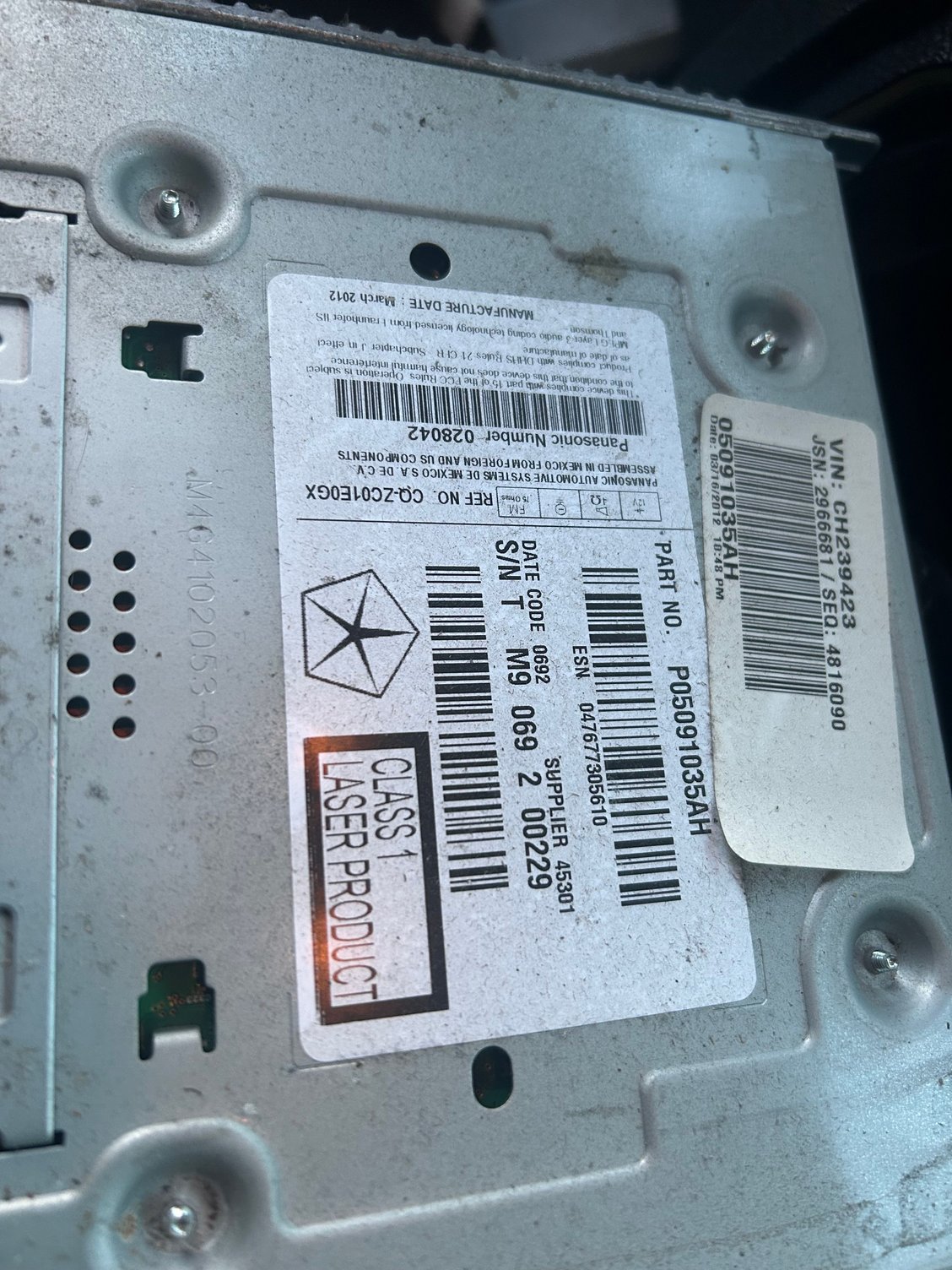 This SN TM9069200229 was located on the metal box.. if anyone can help! TIA Dealership is closed today so I will call and give them this code tomorrow morning to see if they can give me a new code.