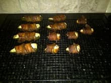 bacon wrapped jalapenos and habaneros.