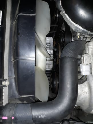 LS400 radiator hose navigates around the fan blades with 90 degree bends
