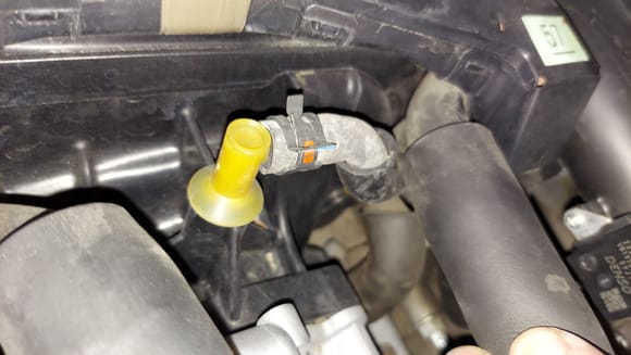 This whitish hose is brittle /hard. (The one attached to the yellow thing)  
There is also a hose barely visible under the whitish hose that is hard.  Anybody replace these before?