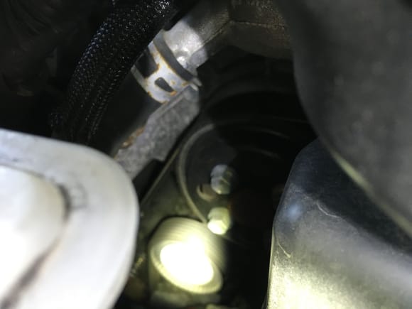 Picture of the top of the alternator taken from the middle of car. The alternator is completely covered in black in this picture. 