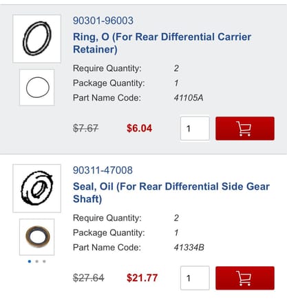 Here are the seals and orings I need. 
