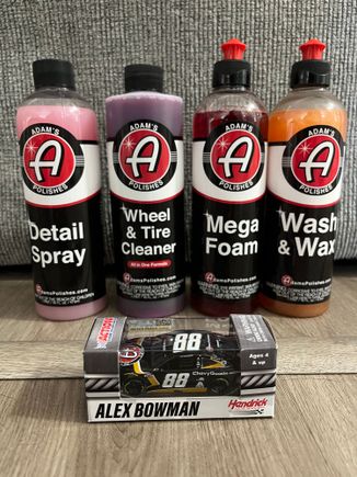 16 FL OZ bottles of car wash products and complimentary matchbox nascar for spending over $25.