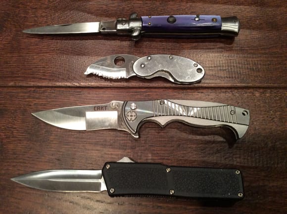 Old school switch blade, Money clip Spyderco, recently bought CRT (meh,no spring assist). And what I carried for a while recently, but too large for me in the front pocket.