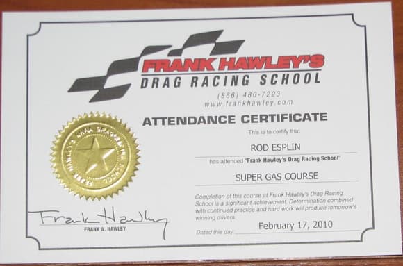 Drag Racing School Certificate