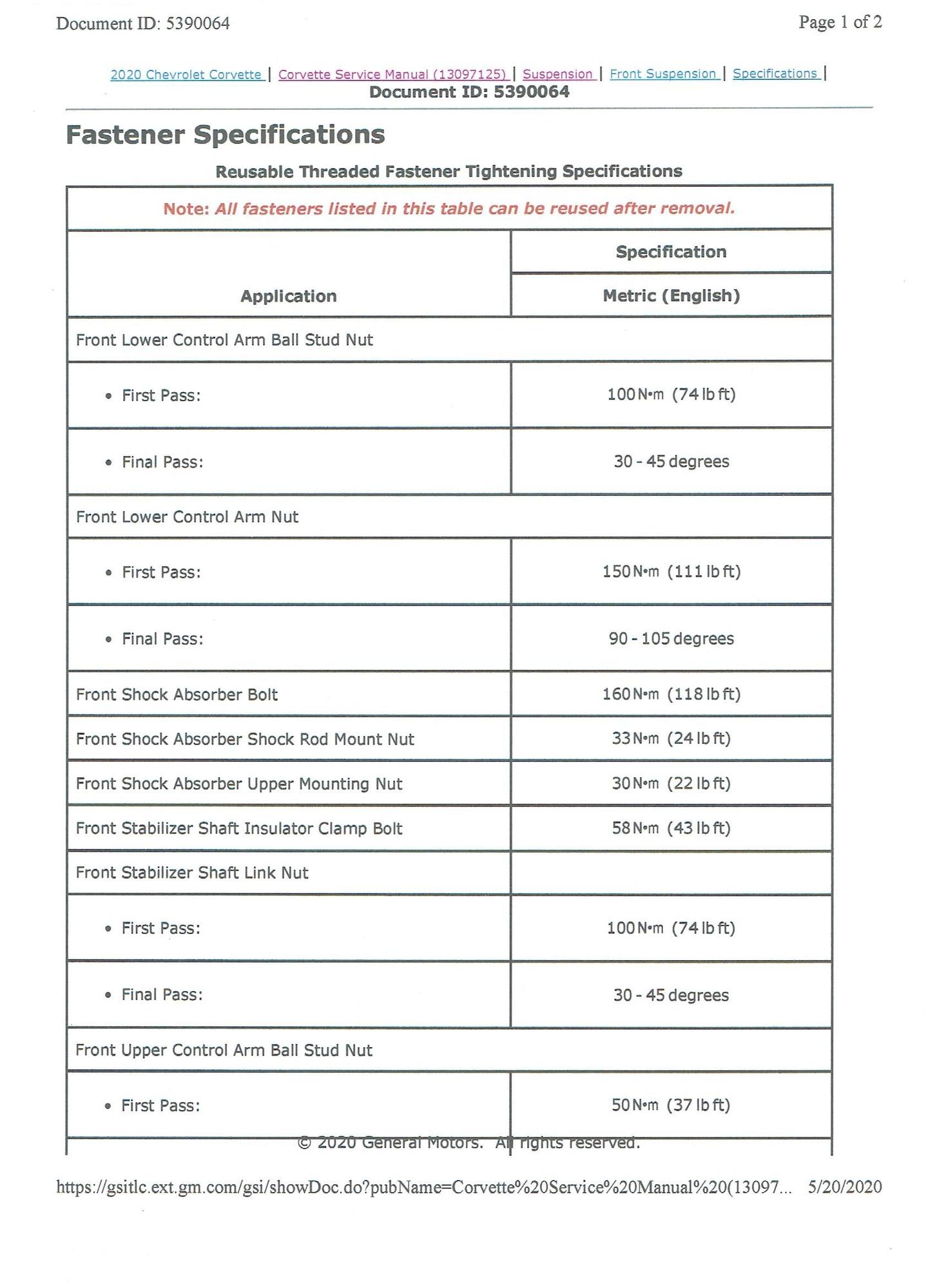 Front and rear lower control arm eccentrics torque value concern