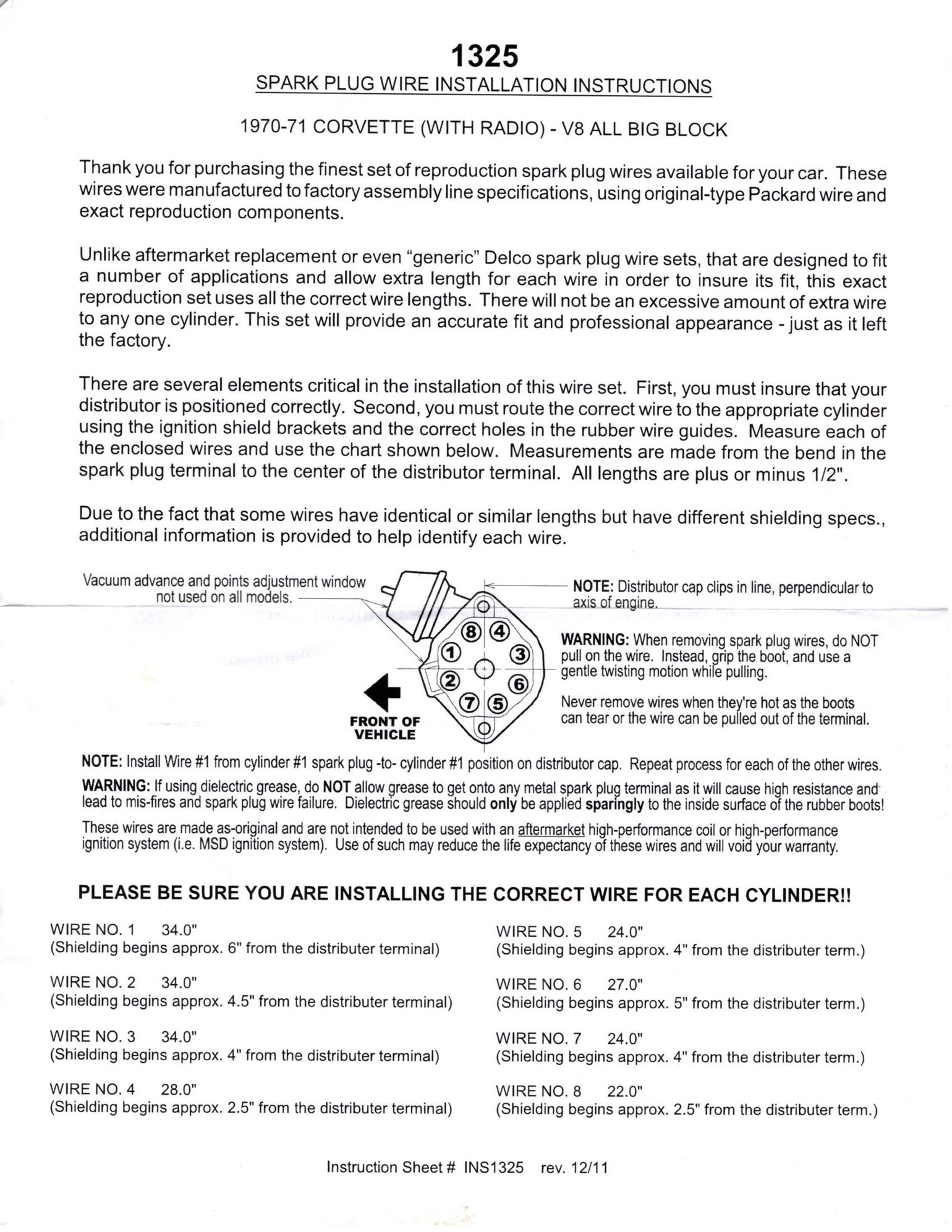 71 454 spark plug wire lengths CorvetteForum Chevrolet Corvette