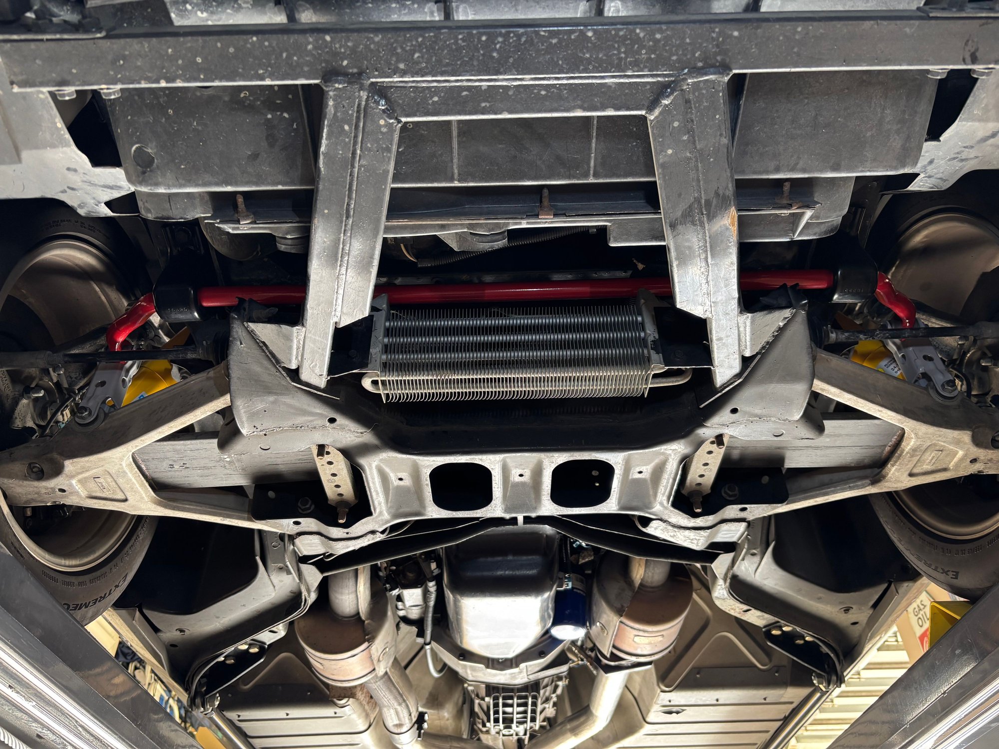 View of front sway bar and end links. 