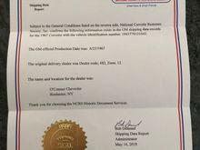 NCRS SDR shows O’Connor Chevrolet in Rochester, NY delivered the Car New.