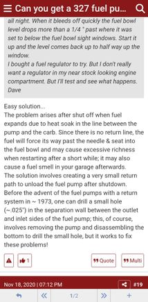 Larry Walk told me to try this back in 2020. You can is my thread on this with some pic's from 2020. "327 fuel pump with 5 to 5.5 psl".
This worked real good for dropping the fuel pressure.