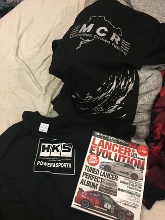 Also picked up a few non-car parts. HKS tee, lancer evolution magazine and the super cool MCR shirt. If anyone has ever seen the touge battles from hot versions, you know the MCR GTR is a beast (also has a great reputation on the Wangan). So obviously I had to pick one up lol