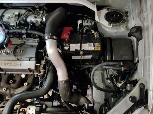 mocking up the stock IC hoses - IC pipe bracket near airbox interferes (ground it off) and auto box dipstick hits bottom IC pipe joiner