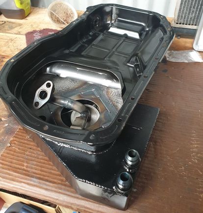 Modified Racefab sump with extra dump port at the front-right of the sump (Extra dump port is for transfer pump)