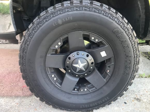 These are 18” KMC XD Rockstars with gladiator 35” M/T on them.  I love the wheels and tires.  The wheel sells for about $200 and the tire is about $300 each.  All around looking at $2000 for all 4 or $2500 to get a matching spare too.  I’ve heard of people fitting 35” tires on a leveled truck, but it rubs like hell.  Mine are 12.5” wide and I like them, I’m also lifted though so I get no rub.