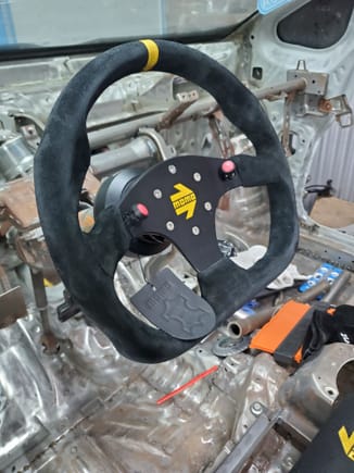 Momo D ring steering wheel with suede and two buttons. 