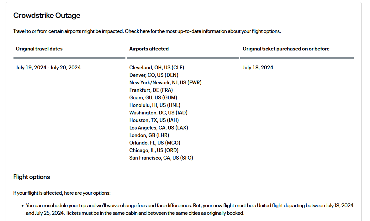Travel Waiver: Crowdstrike Outage 18 July &ndash;UA/AA/DL Groundstops 