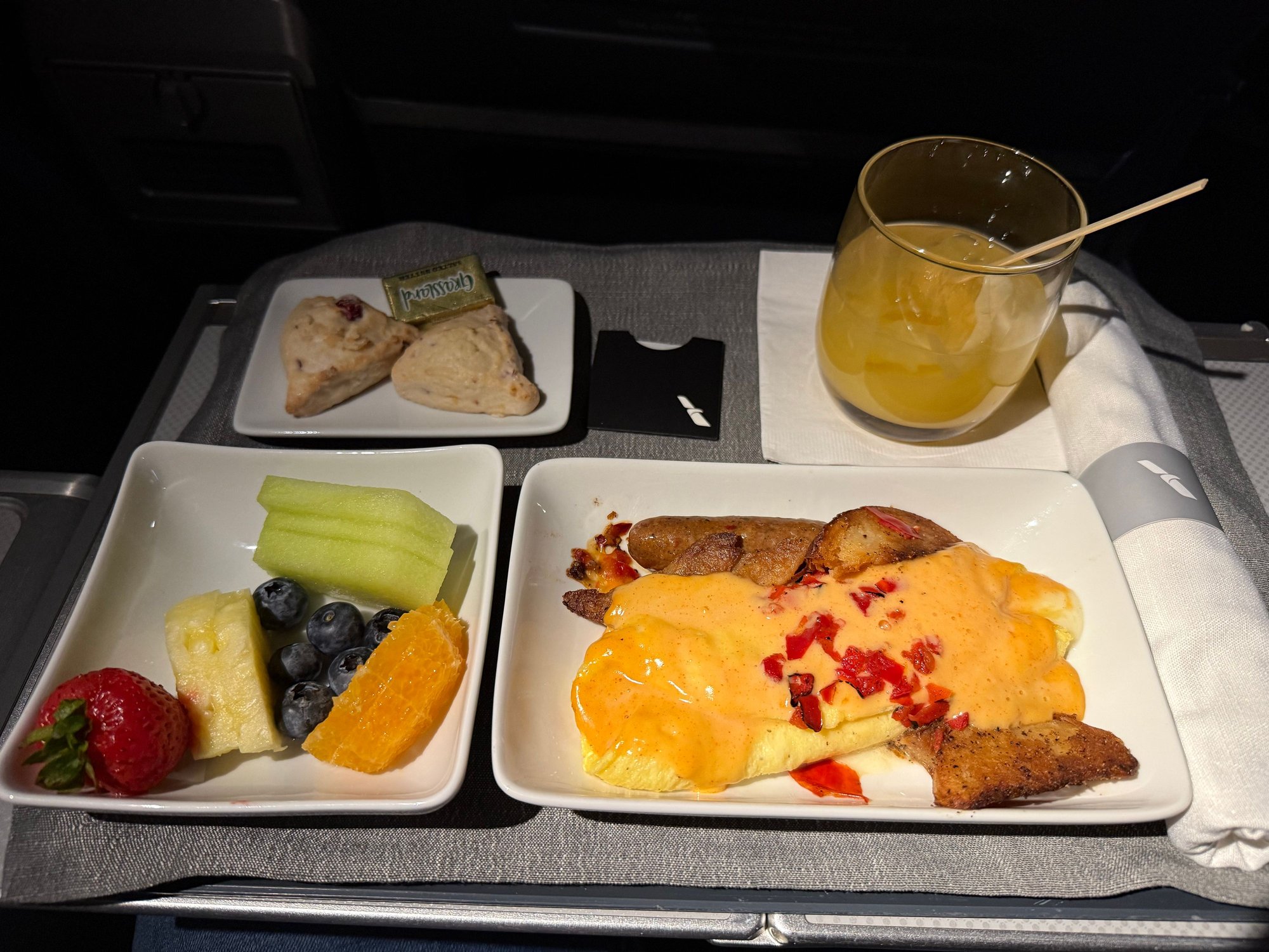 White Cheddar Omelet with Chicken Sausage and Seasoned Potato Wedges