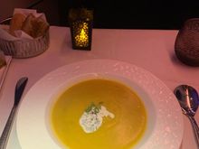 Pumpkin soup, perfect serving temperature and spice.  It's amazing how disgusting soup course tends to be in international J/F, especially AA and CX.