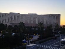 Hilton Tokyo bay from Bayside station. Car park on left is for the Toy Story hotel