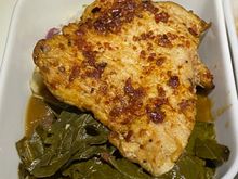 Spicy Brick Chicken - collard greens, horseradish mash, onion sauce