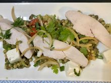 Lemon and thyme chicken breast with feta, couscous, lentils and pesto 