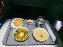 Then the base tray set up with bread and soup from the cart 