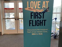 Not much hoopla for the inaugural flight, just this sign