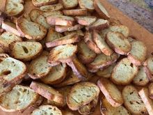 Home made garlic crostini. Will be an appetizer tomorrow evening with Boursin cheese and fig jam. 