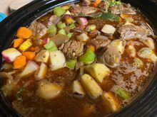 Tonight’s dinner is in the crockpot.  Beef stew with onions, carrots, parsnips, celery, and radishes.