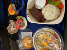 UA960 EWR to FRA. Beef was good esp with the sauce.  cold nuts and packaged bread is a no In any business class. Salad nothing great. The mango sorbet is not really up to scratch but ok. 