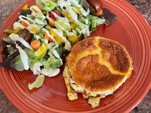 Reheated leftover ham and smoked Gouda soufflé with a salad for lunch. 