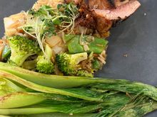 Char sis BBQ pork tenderloin, bok choy, fried rice 